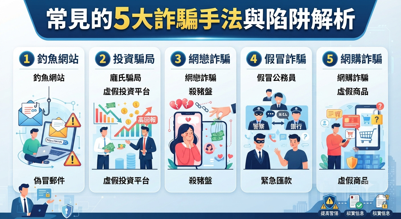 圖片展示了常見的5大詐騙手法與陷阱解析。 內容包含釣魚網站、投資騙局、網戀詐騙、假冒詐騙及網購詐騙的圖解說明。
