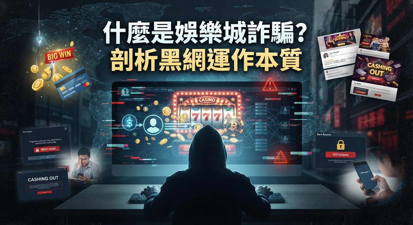 這是一張以「娛樂城詐騙與黑網運作」為主題的資訊圖表,畫面中央顯示一名戴著帽兜的駭客正在操作電腦。 圖片上方醒目地印有「什麼是娛樂城詐騙?剖析黑網運作本質」的繁體中文標題。